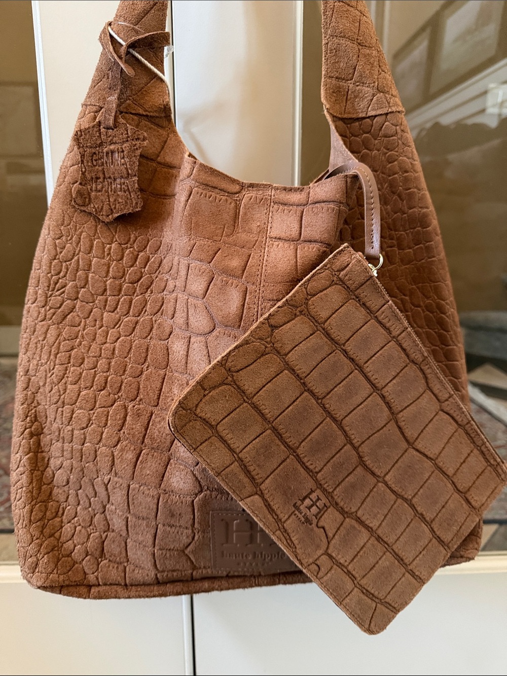 Haute Hippie Women’s Festival Genuine Suede Hobo Bag—Crocodile Embossed Tan - Picture 6 of 8